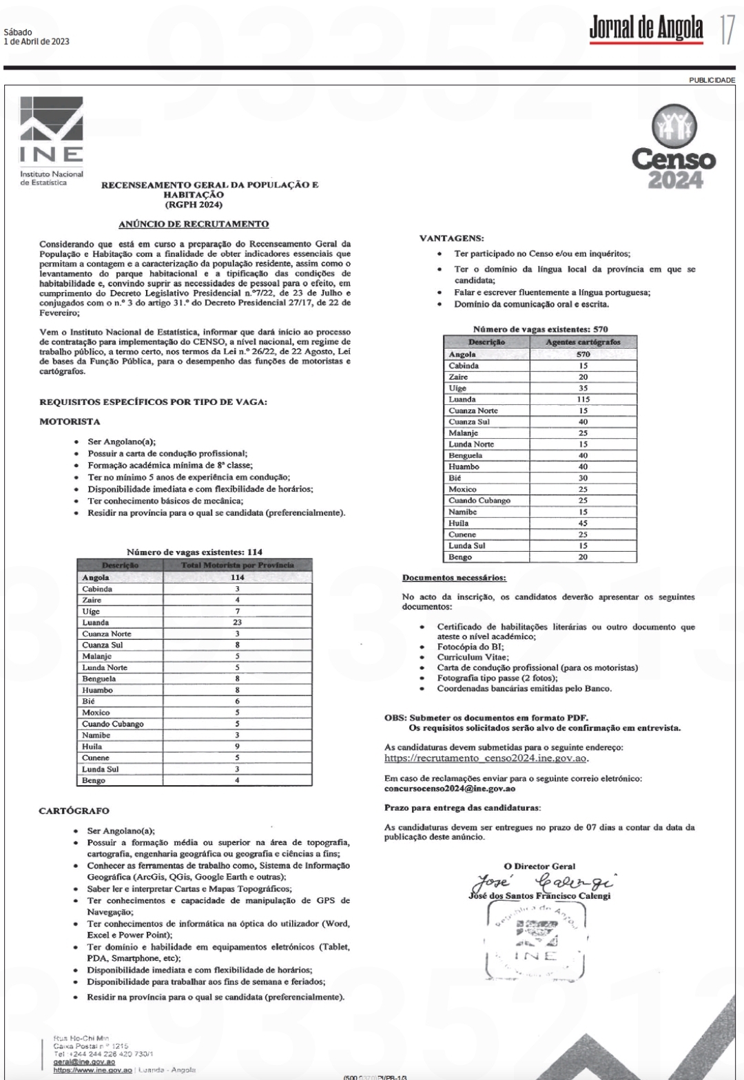 RECRUTAMENTO PARA O CENSO 2024 (684 VAGAS) INSTITUTO NACIONAL DE