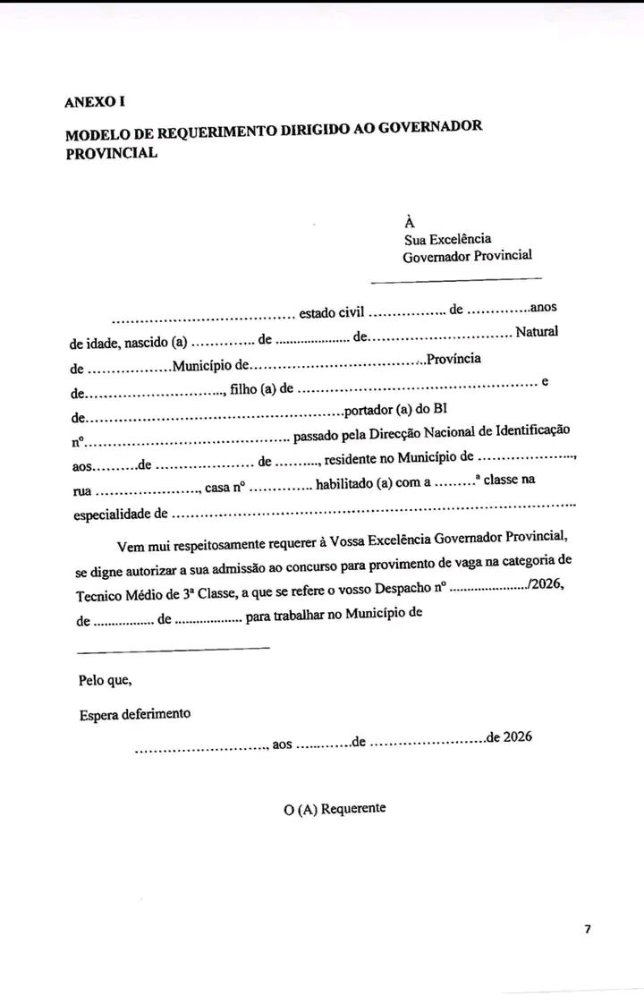 Modelo de Requerimento dirigido ao Governador Provincial - Anexo I do Concurso Público da Educação 2026