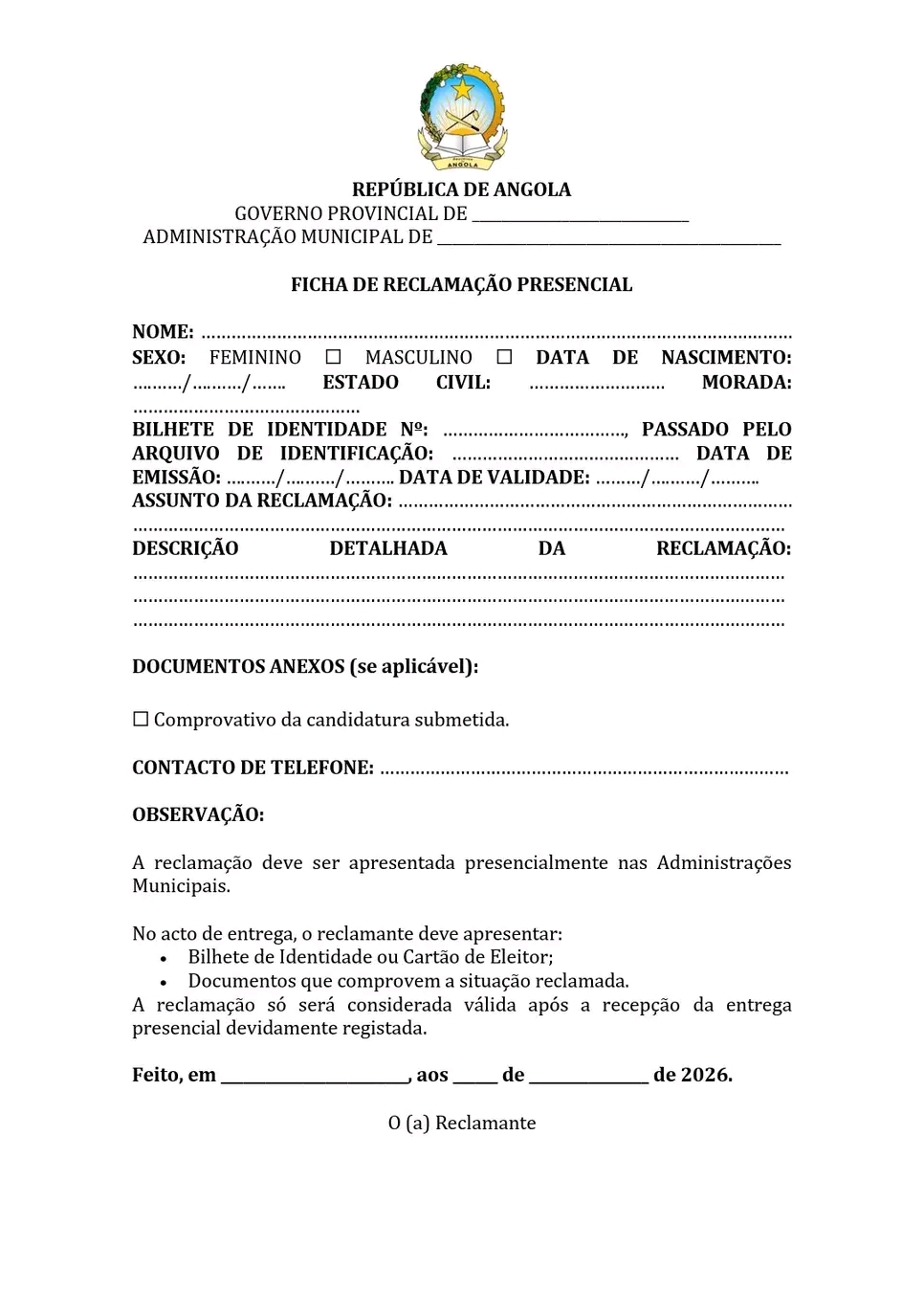 Modelo de Ficha de Reclamação Presencial para candidatos a Brigadista do Registo Eleitoral
