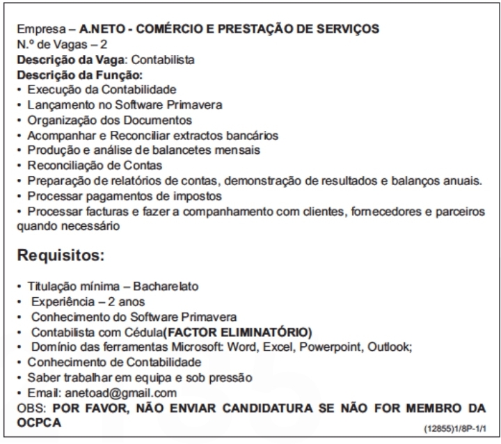 DUAS (2) VAGAS PARA CONTABILISTAS