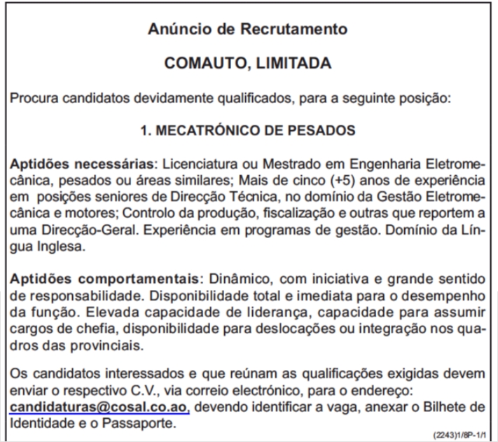 VAGA PARA MECATRÔNICO DE PESADOS 