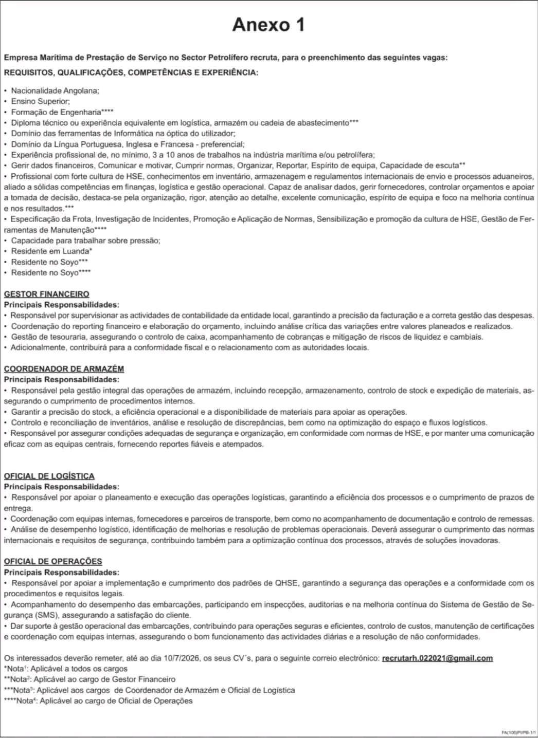 Vaga para Gestor Financeiro, Coordenador de Armazém, Oficial de Logística e Oficial de Operações