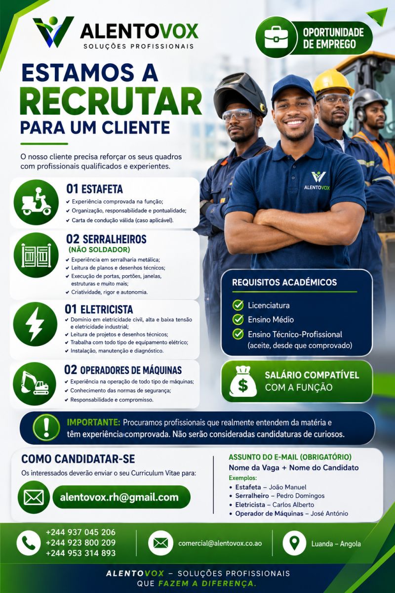 Oportunidade: 2 Serralheiros, 1 Eletricista, Estafeta e 2 Operadores de Máquinas