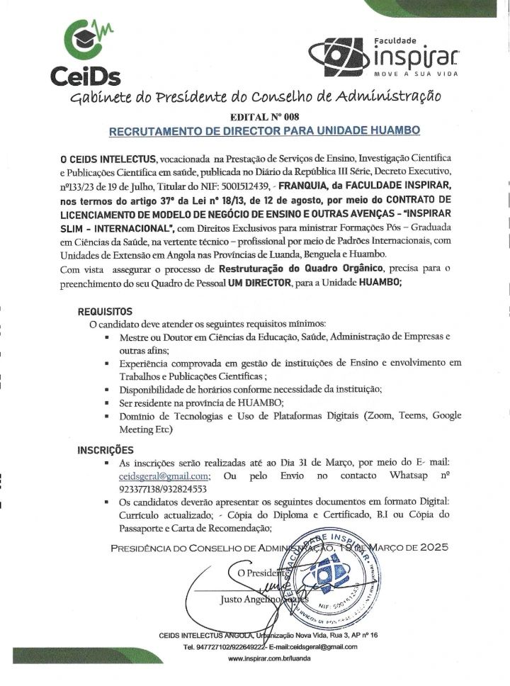Vaga para Diretor para a Unidade Huambo
