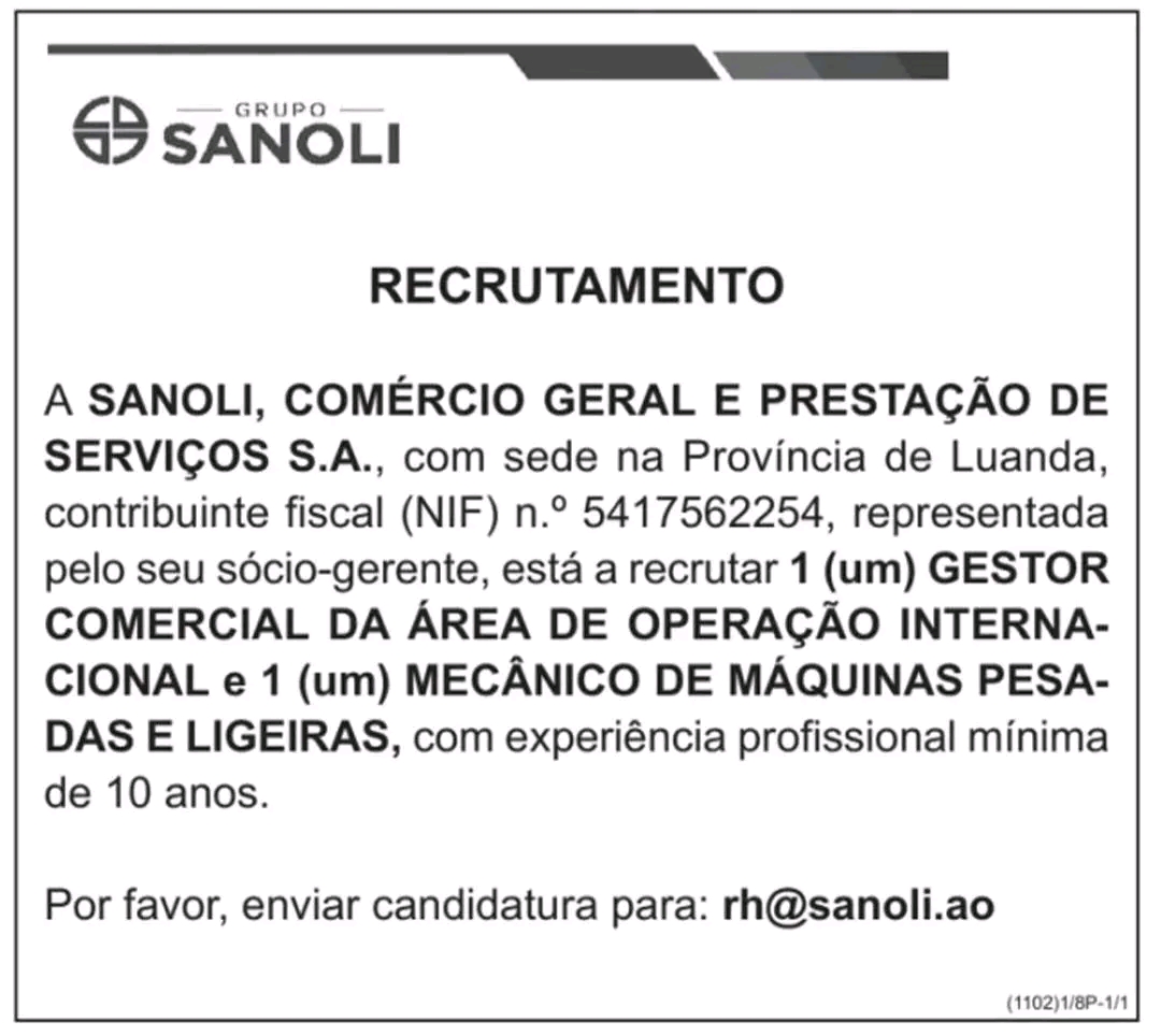 Oportunidade para Gestor Comercial e Mecânico de Máquinas