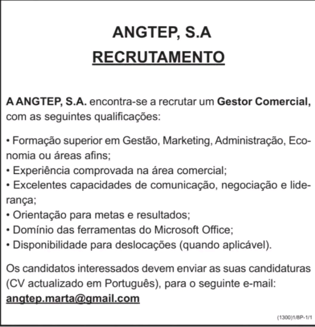 Vaga para Gestor Comercial
