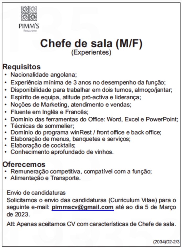 Vaga para Chefe de sala (M/F)