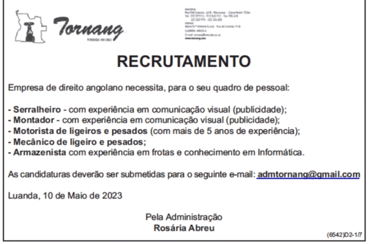 CINCO(5) VAGAS DISPONÍVEIS NA TORNANG