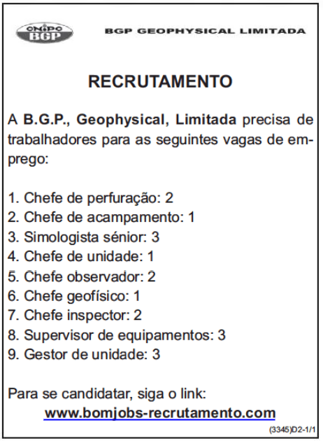 DEZOITO (18) VAGAS DISPONÍVEIS NA BGP GEOPHYSICAL LIMITADA