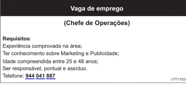 Vaga para Chefe de Operações