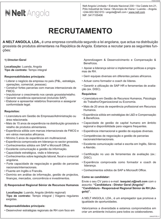 Vagas para Director-Geral e Responsável Regional Sénior de Recursos Humanos