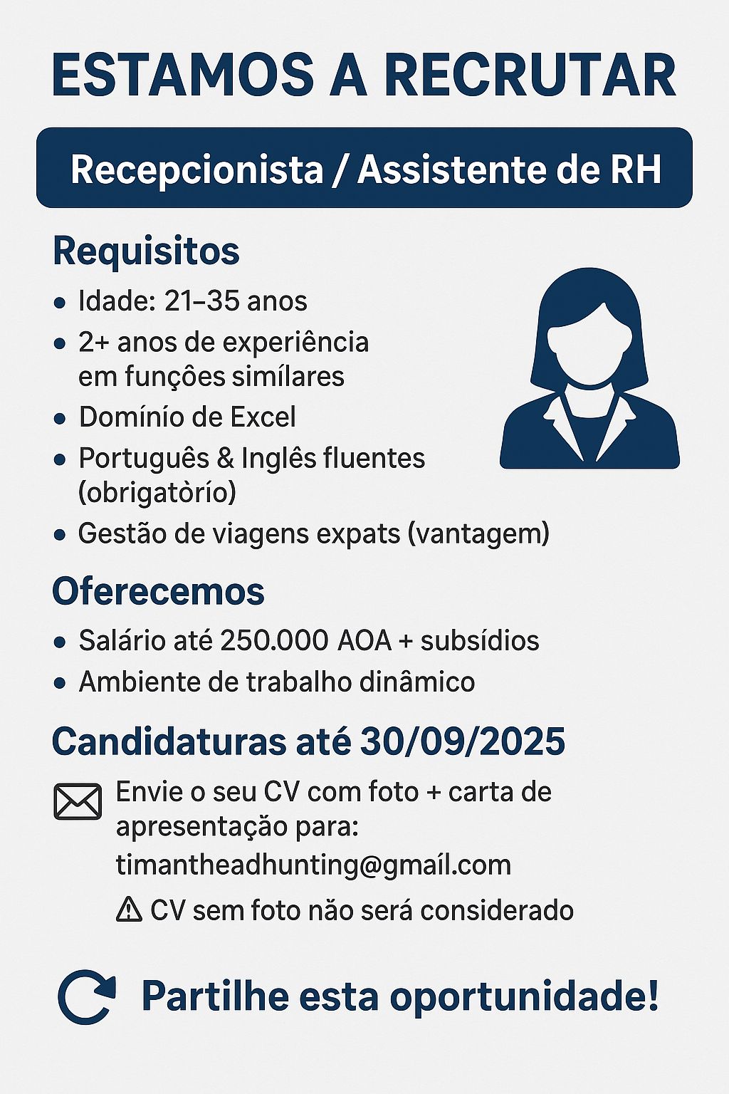 Estamos a recrutar Recepcionista / Assistente de RH
