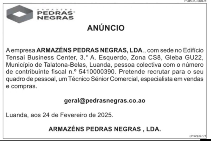 Vaga para Técnico Sénior Comercial especialista em Vendas e Compras