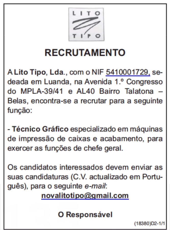 VAGA PARA TÉCNICO GRÁFICO