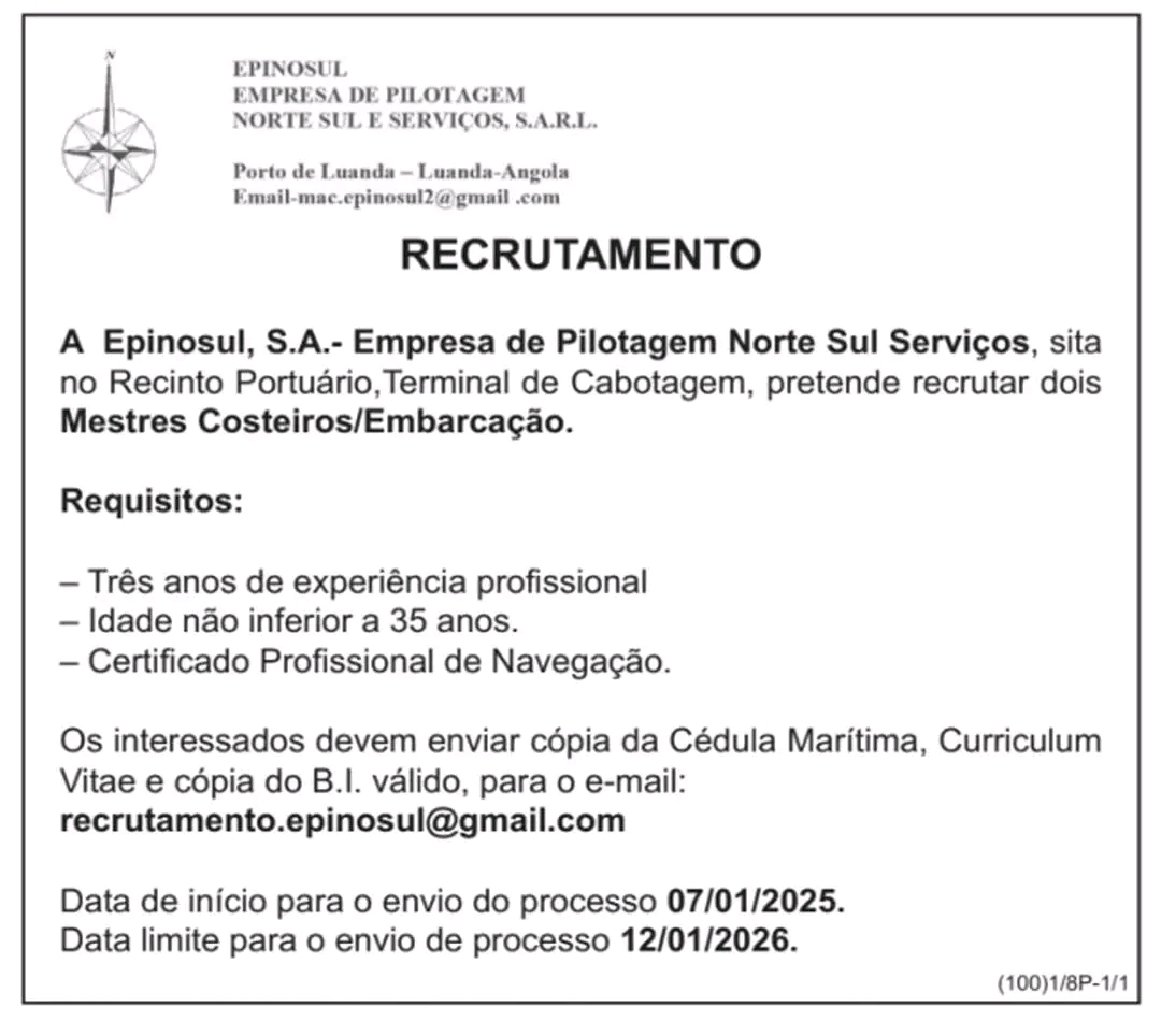 Oportunidade: 2 Mestres Costeiros/Embarcação
