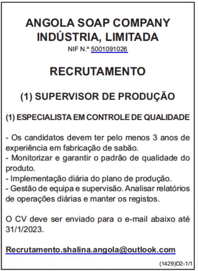 VAGA PARA (1) SUPERVISOR DE PRODUÇÃO & (1) ESPECIALISTA EM CONTROLE DE QUALIDADE 