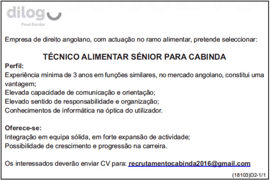 PRECISA-SE DE TÉCNICO ALIMENTAR SÉNIOR PARA CABINDA 