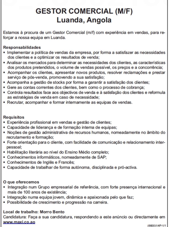 VAGA PARA UM(1) GESTOR COMERCIAL (M/F) 