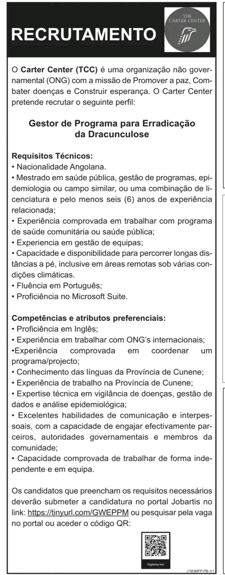 Vaga para ​Gestor de Programa para Erradicação da Dracunculose
