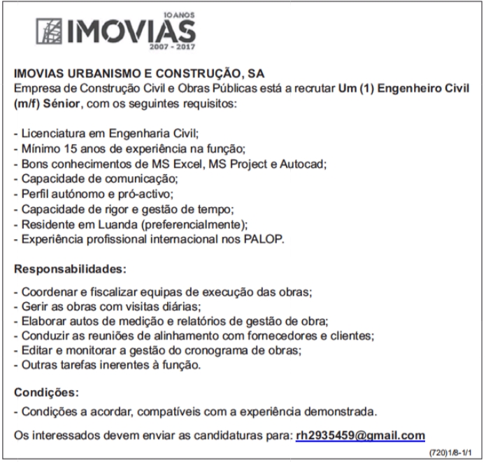 Vaga para um (1) Engenheiro Civil (m/f) Sénior