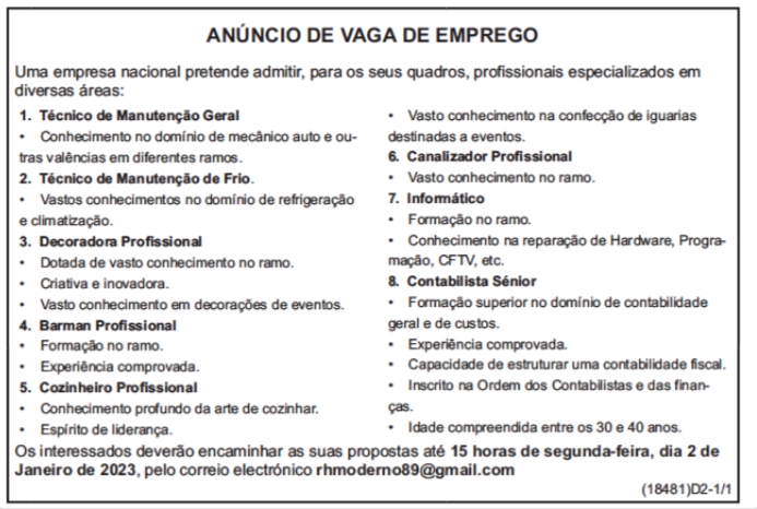 OITO (8) VAGAS PARA DECORADORAS, BARMAN, COZINHEIRO, INFORMÁTICO, CONTABILISTA E OUTROS
