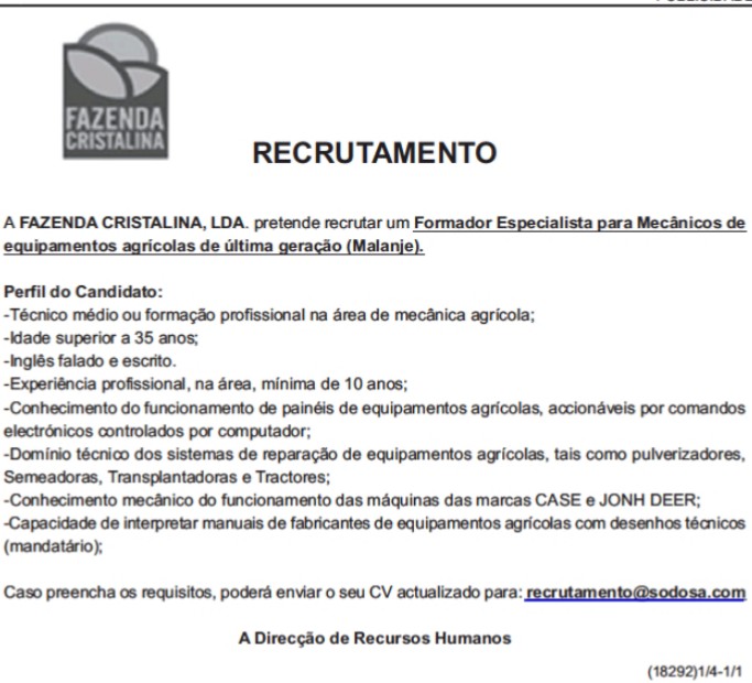 Vaga Para Formador Especialista para Mecânicos De Equipamentos Agrícolas De Última Geração (Malanje)