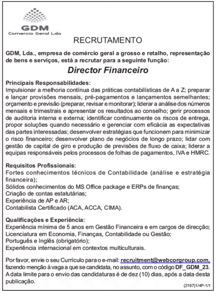 Vaga para Director Financeiro