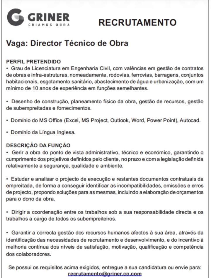 VAGA PARA DIRECTOR TÉCNICO DE OBRA 