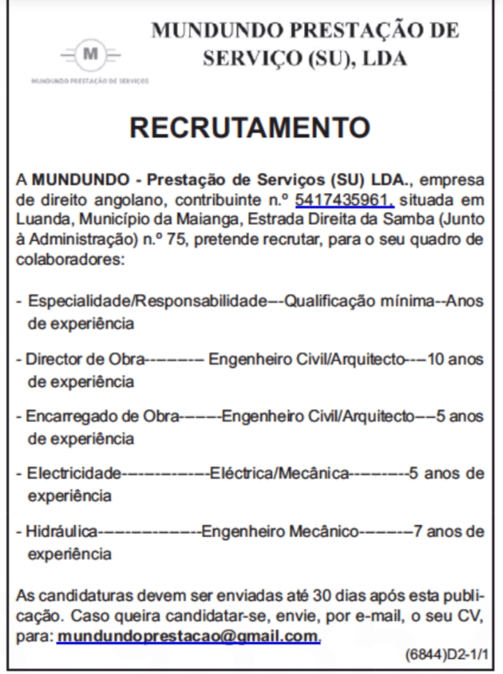 Oportunidade de emprego na MUNDUNDO - Prestação de Serviços (SU) LDA