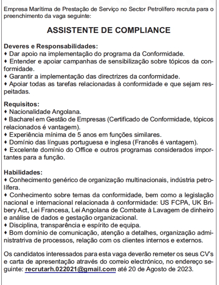 VAGA PARA ASSISTENTE DE COMPLIANCE