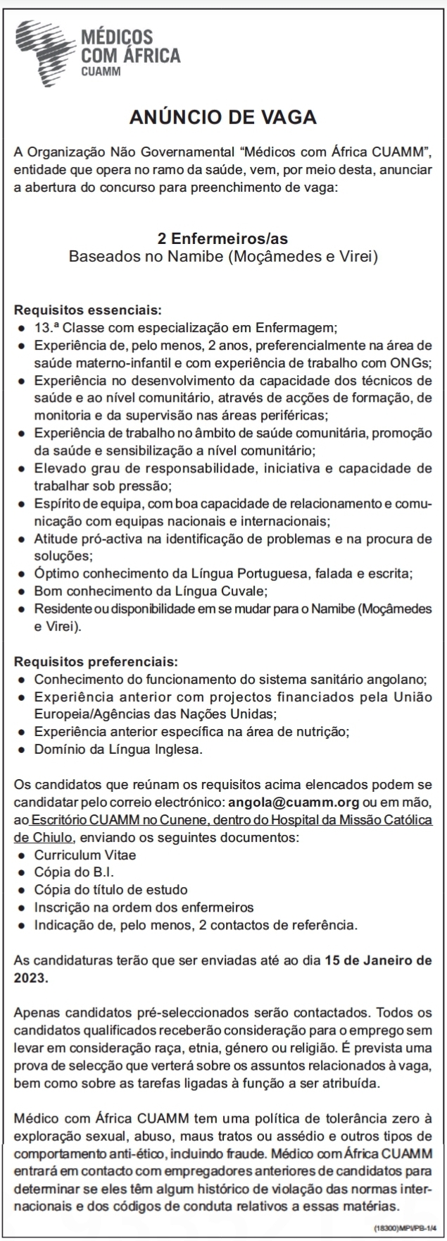 DUAS (2) VAGAS PARA ENFERMEIRO/A 