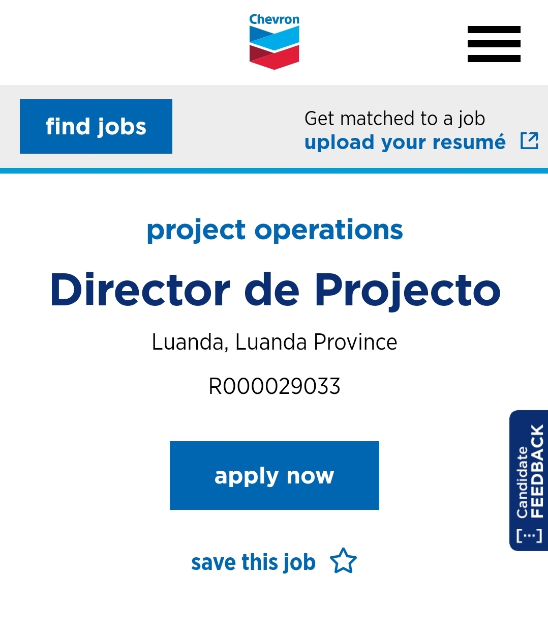 Vaga para Director de Projectos na Chevron