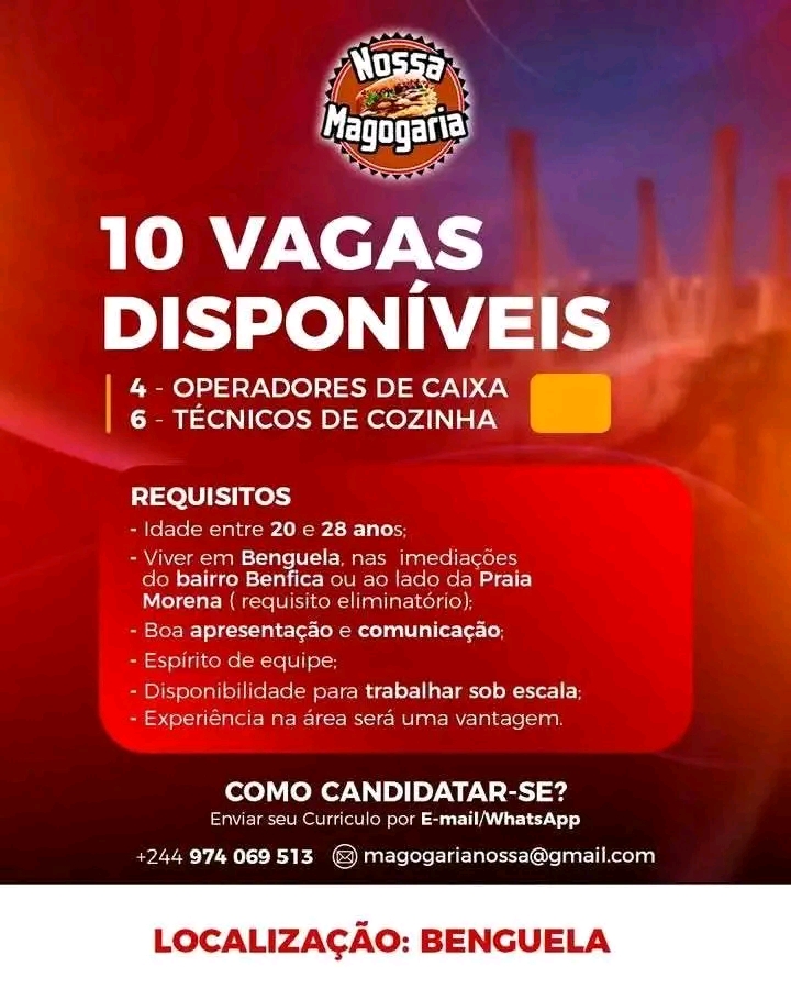 Vaga 4 Operadores de Caixa e 6 Técnicos de Cozinha 