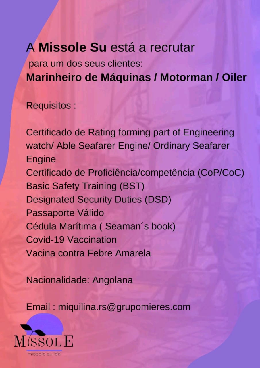 Vagas disponíveis para Marinheiro de Máquinas, Motorman & Oiler