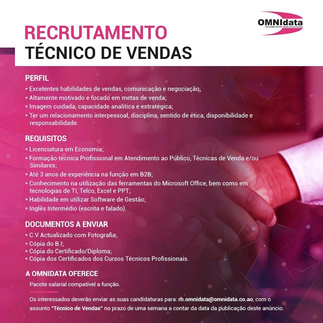 VAGA PARA TÉCNICO DE VENDAS 