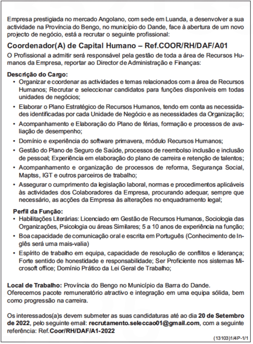 VAGA PARA COORDENADOR DE CAPITAL HUMANO