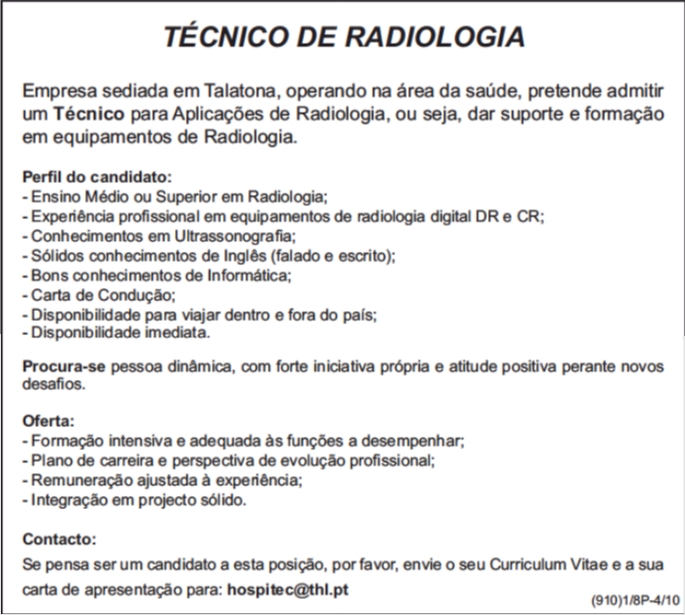VAGA PARA TÉCNICO DE RADIOLOGIA 