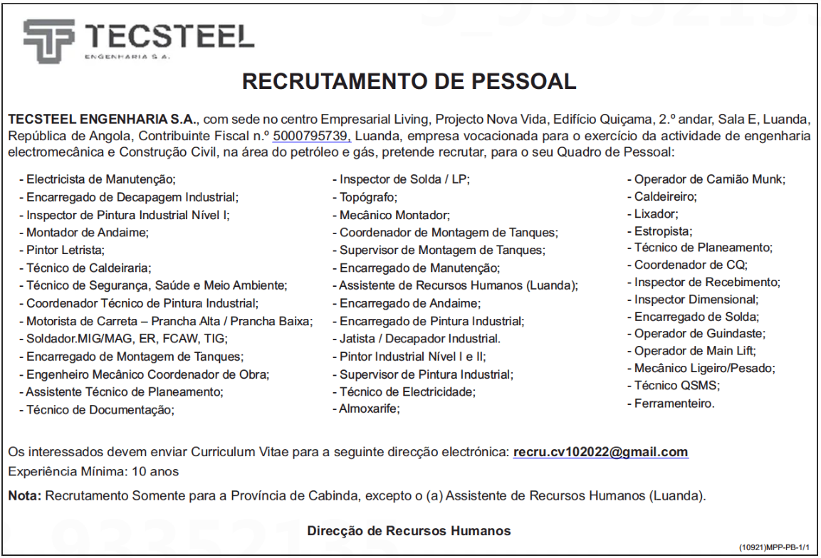 42 Vagas Disponíveis na TECSTEEL ENGENHARIA