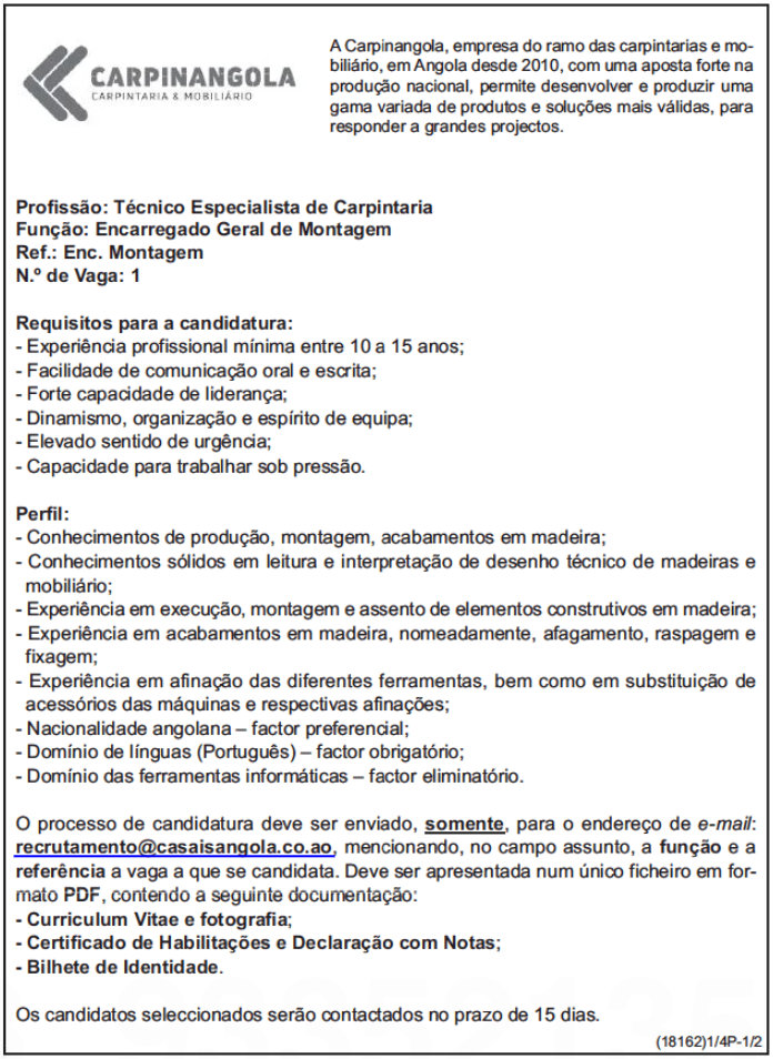 UMA (1) VAGA PARA TÉCNICO ESPECIALISTA EM CARPINTARIA