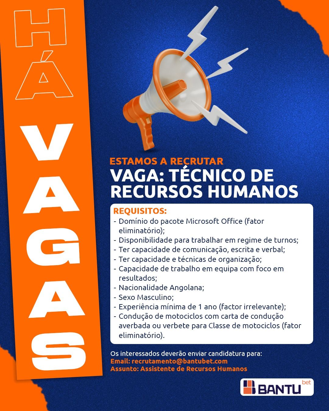 Vaga para Técnico de Recursos Humanos na Bantubet