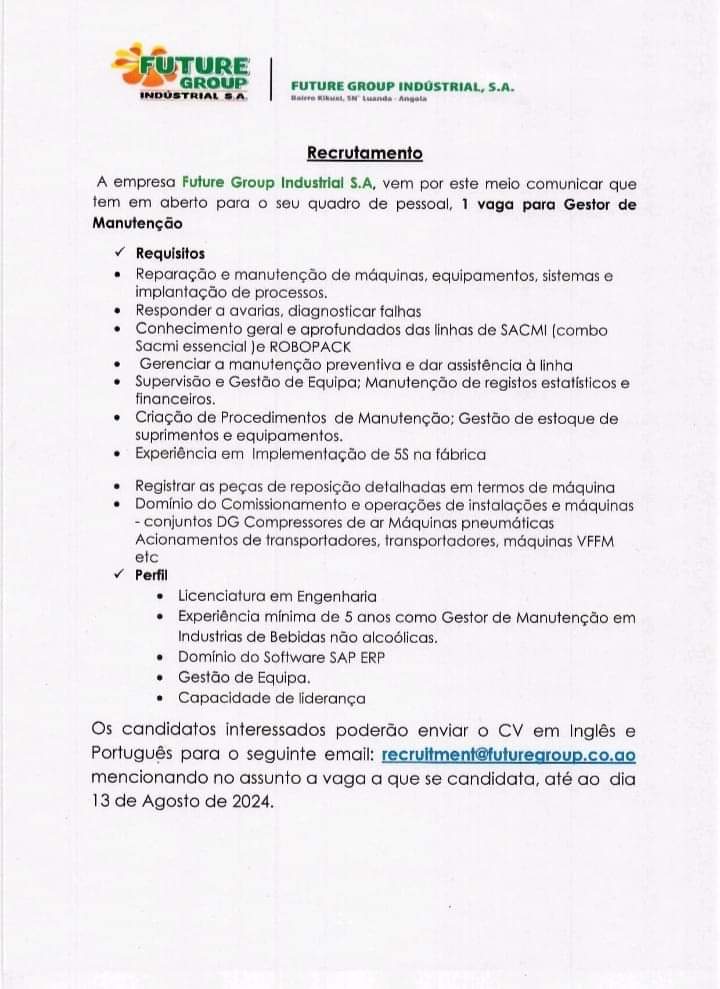 Vaga para um (1) Gestor de Manutenção 