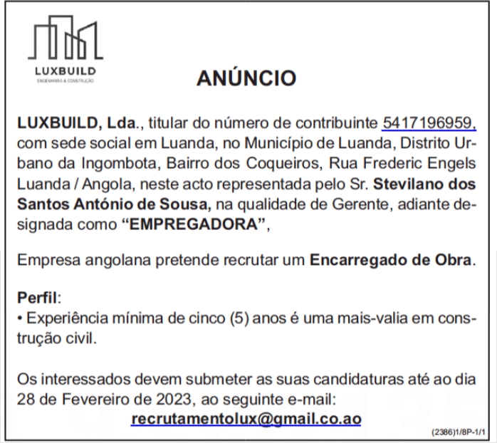 Vaga para Encarregado de Obra