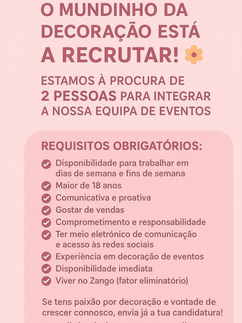  O Mundinho da Decoração está a recrutar dois (2) Profissionais