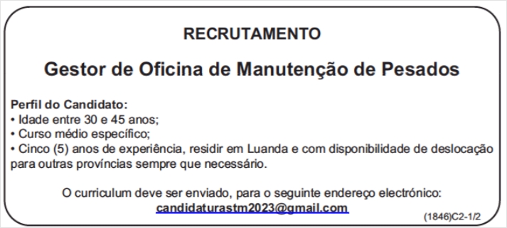 Vaga para Gestor de Oficina de Manutenção de Pesados 