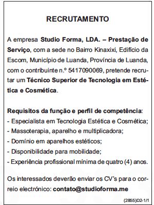 Vaga para um (1) Técnico Superior de Tecnologia em Estética e Cosmética