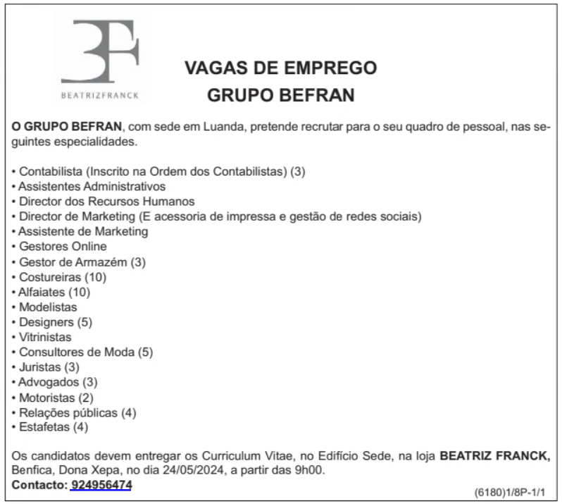 59 Vagas de Emprego no Grupo Befran em Diversas Áreas