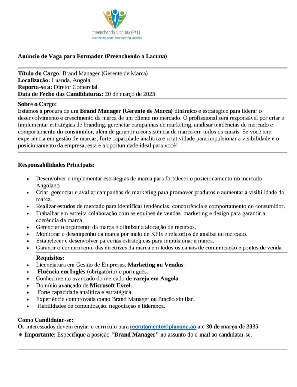 Vaga para Gerente de Marca