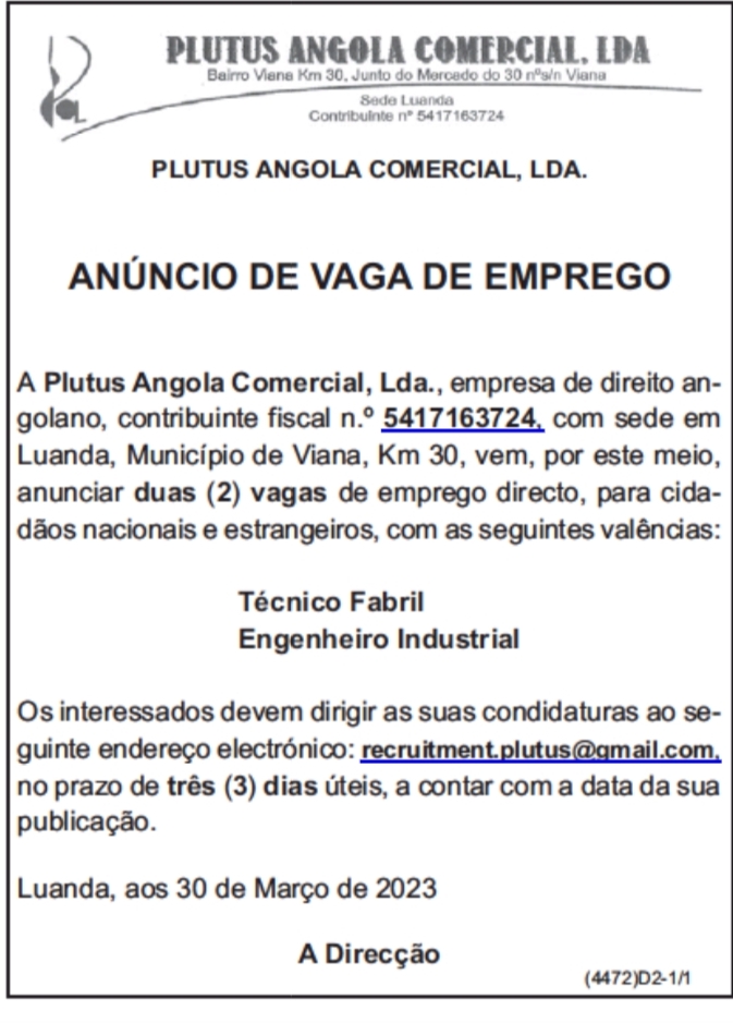 Vaga para Técnico Fabril  & Engenheiro Industrial