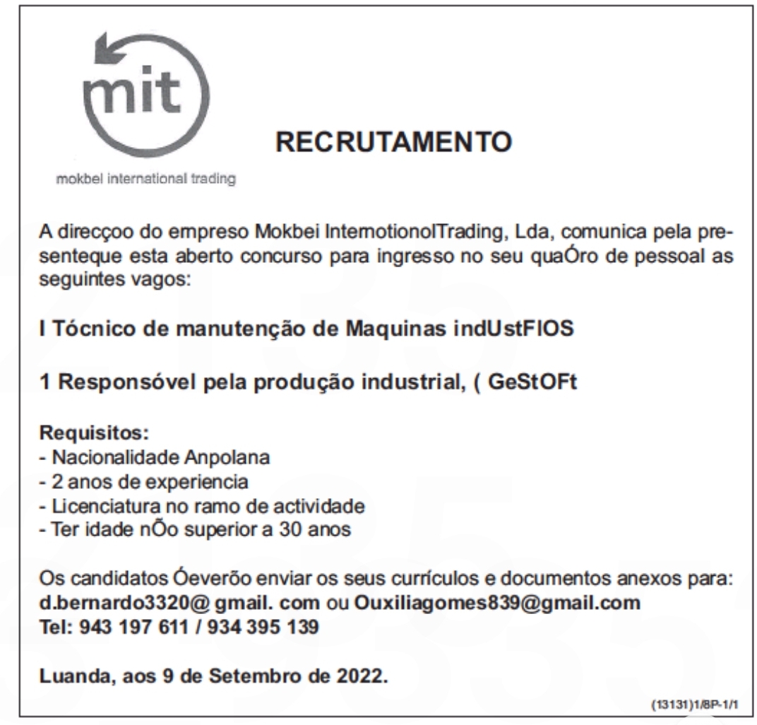 DUAS (2) VAGAS DISPONÍVEIS EM ÁREA INDUSTRIAL 