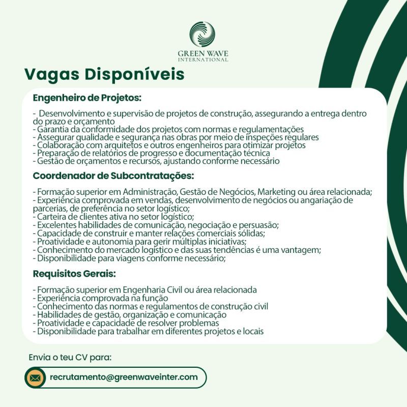 Duas (2) Vagas Disponíveis na Green Wave International